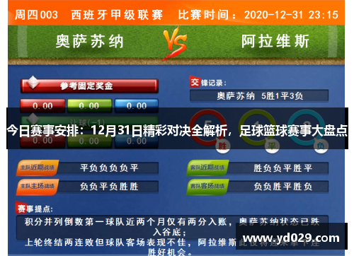 今日赛事安排：12月31日精彩对决全解析，足球篮球赛事大盘点