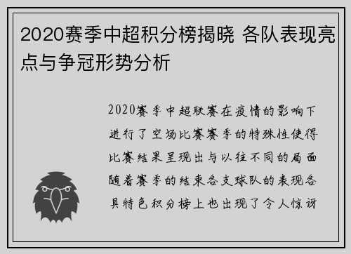 2020赛季中超积分榜揭晓 各队表现亮点与争冠形势分析