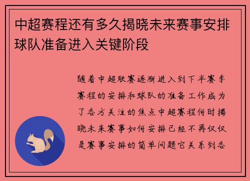 中超赛程还有多久揭晓未来赛事安排球队准备进入关键阶段